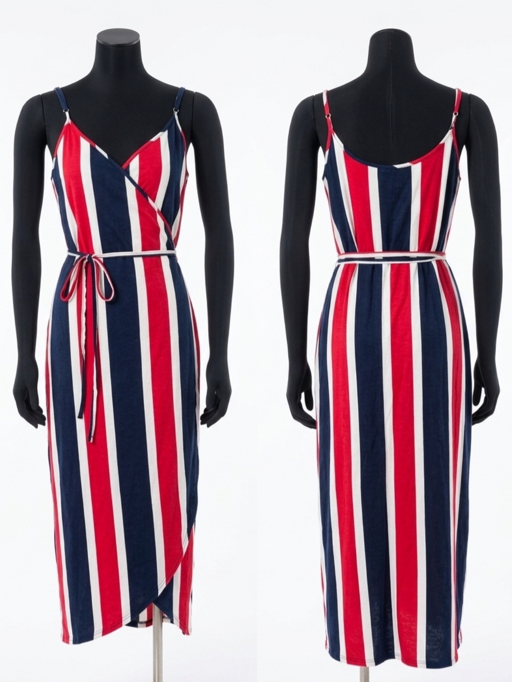 ASOS Red Navy White Striped Wrap Midi Dress with Tie Waist
